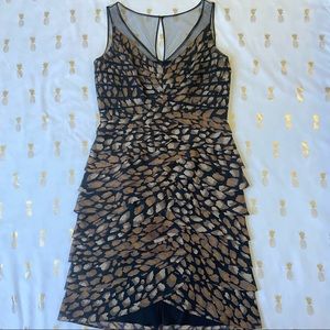 Adrianna Papell Brown Black Tiered Layered Mesh Sheath Cocktail Dress
